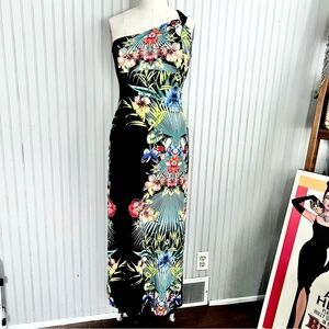 Cache Vintage Y2K One Shoulder Slinky Black Multi MIDI Dress